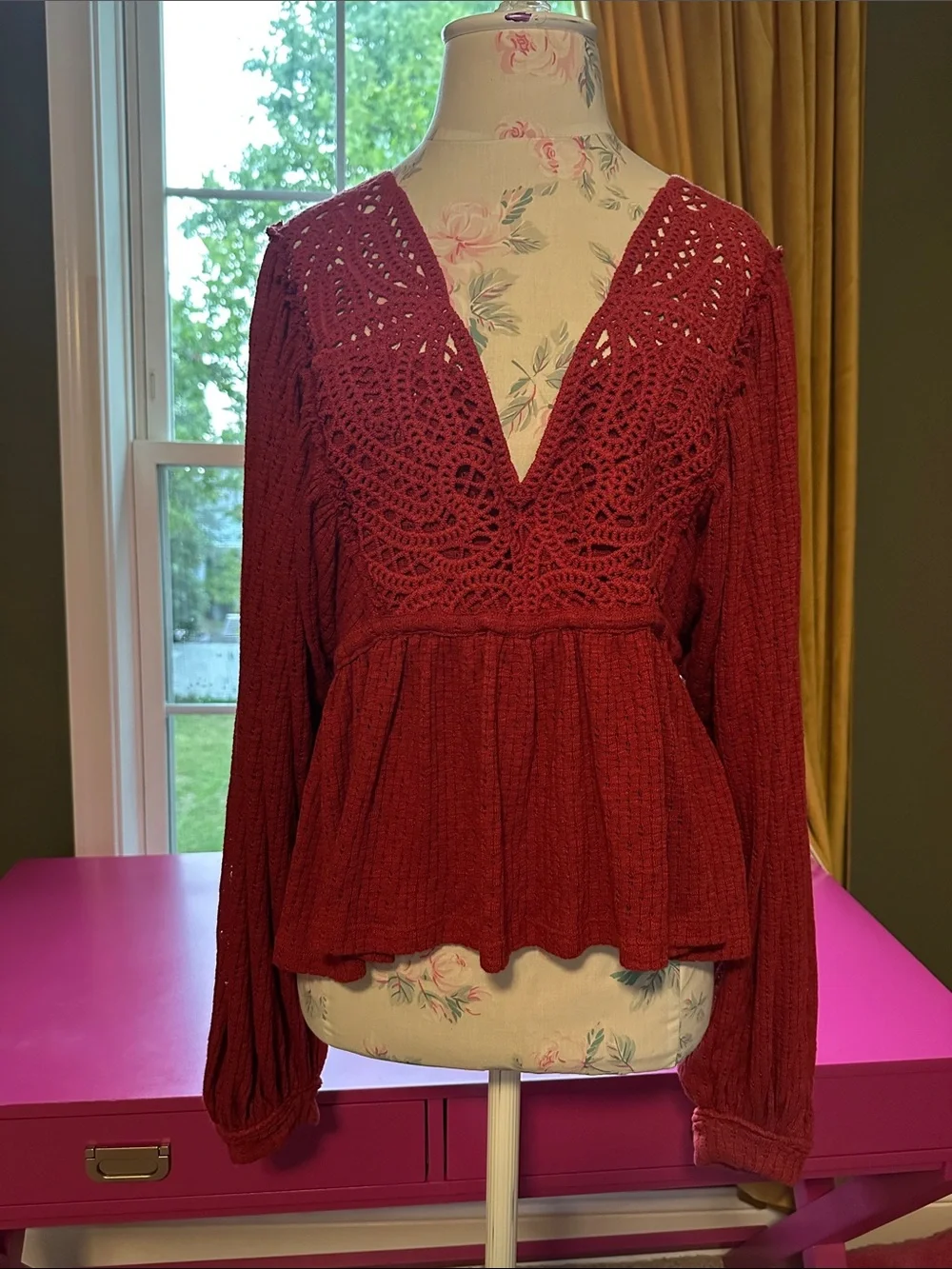 Free People Deep Red Crochet V-Neck Peplum Blouse
